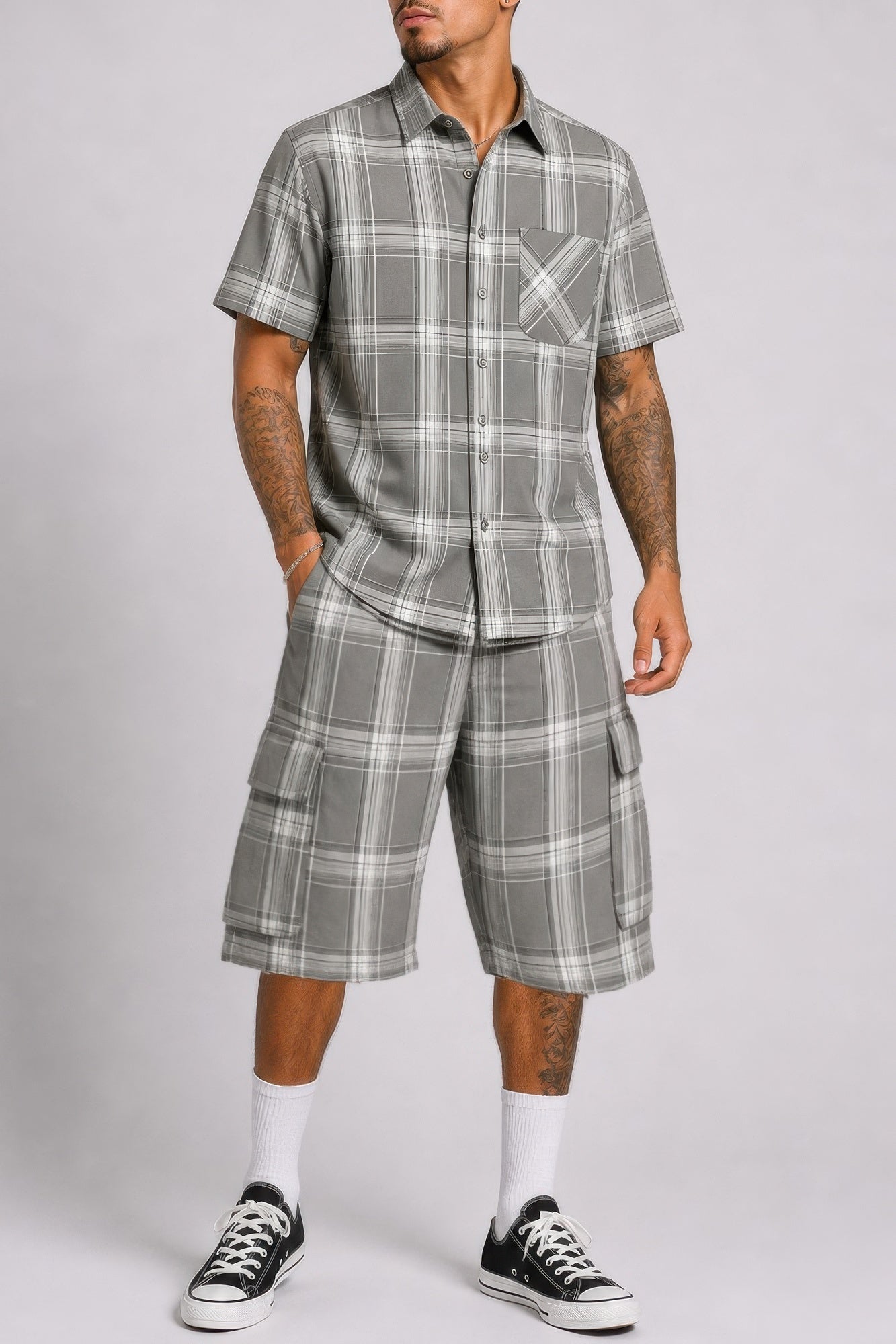 Mens Checkered Shirt And Cargo Shorts Set - Tigbul's Variety Fashion Shop