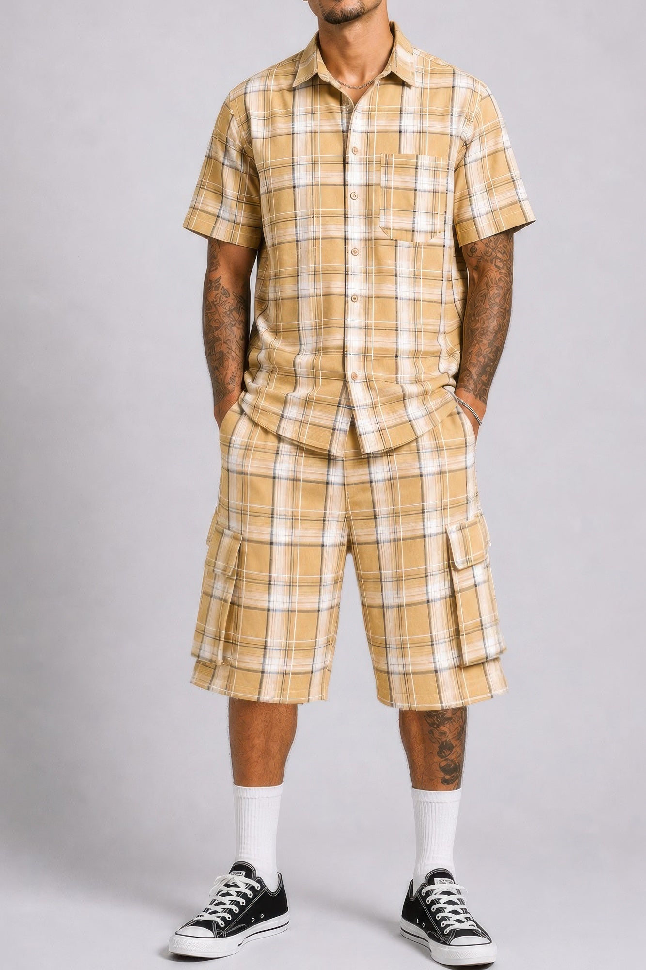 Mens Checkered Shirt And Cargo Shorts Set - Tigbul's Variety Fashion Shop