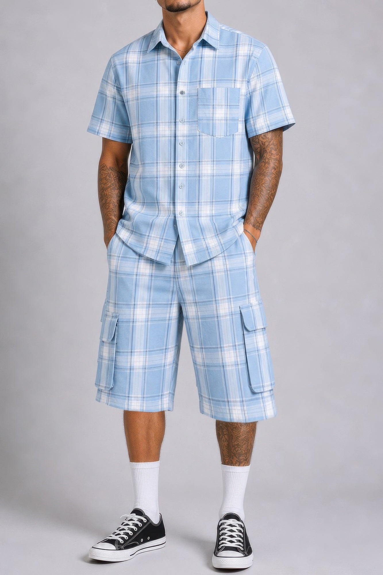 Mens Checkered Shirt And Cargo Shorts Set - Tigbul's Variety Fashion Shop