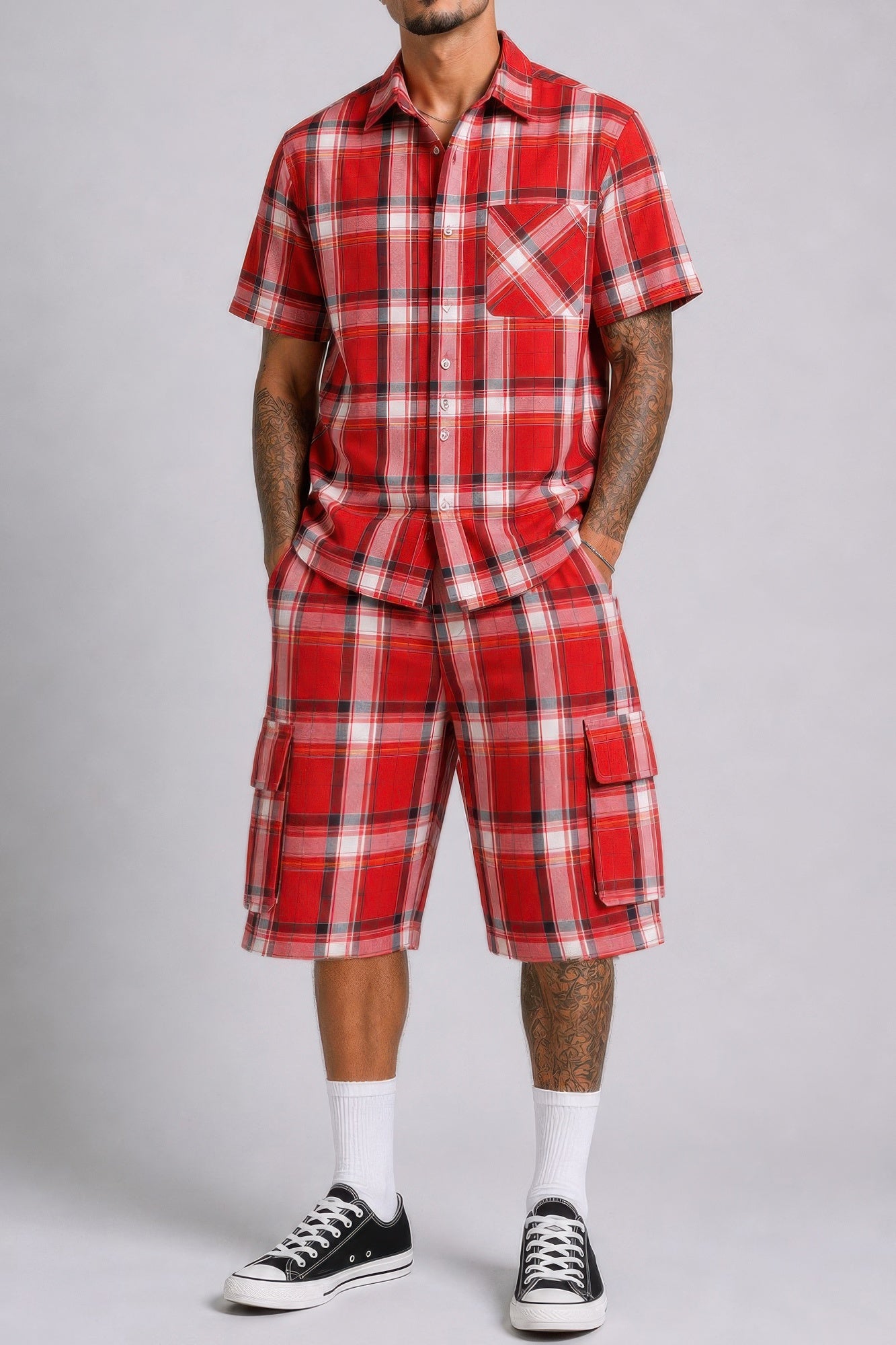 Mens Checkered Shirt And Cargo Shorts Set - Tigbul's Variety Fashion Shop