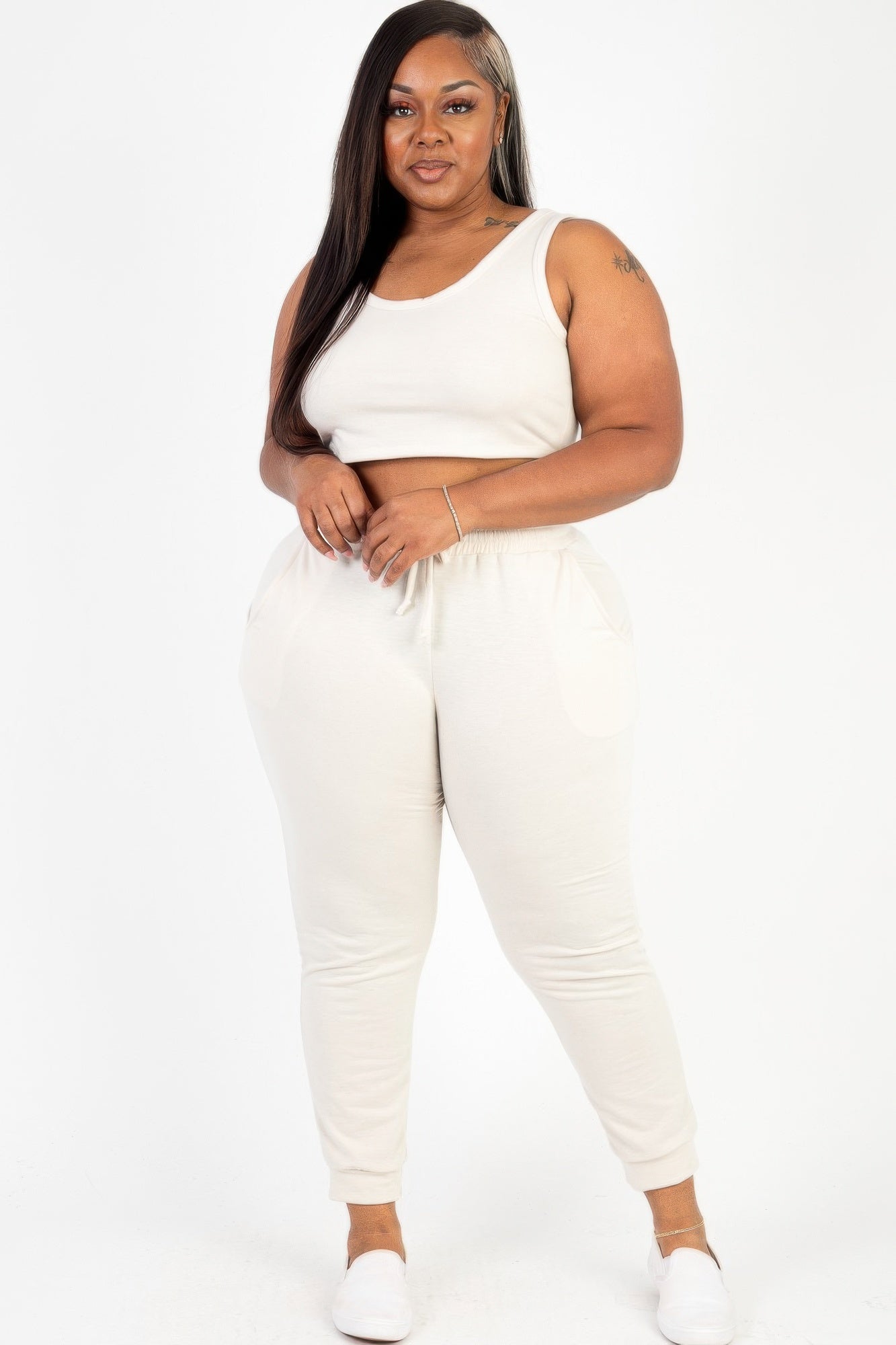 Plus Size French Terry Cropped Tank Top & Joggers Set | Tigbuls