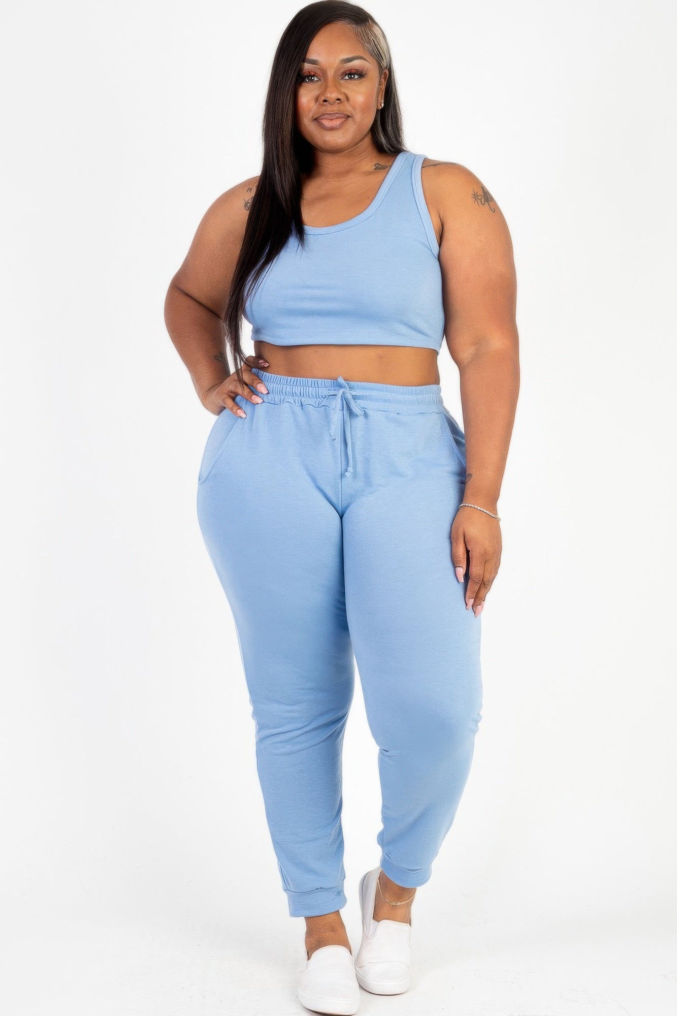 Plus Size French Terry Cropped Tank Top & Joggers Set | Tigbuls