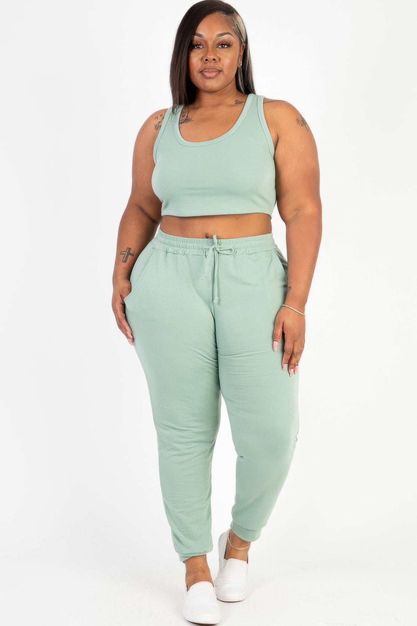 Plus Size French Terry Cropped Tank Top & Joggers Set | Tigbuls