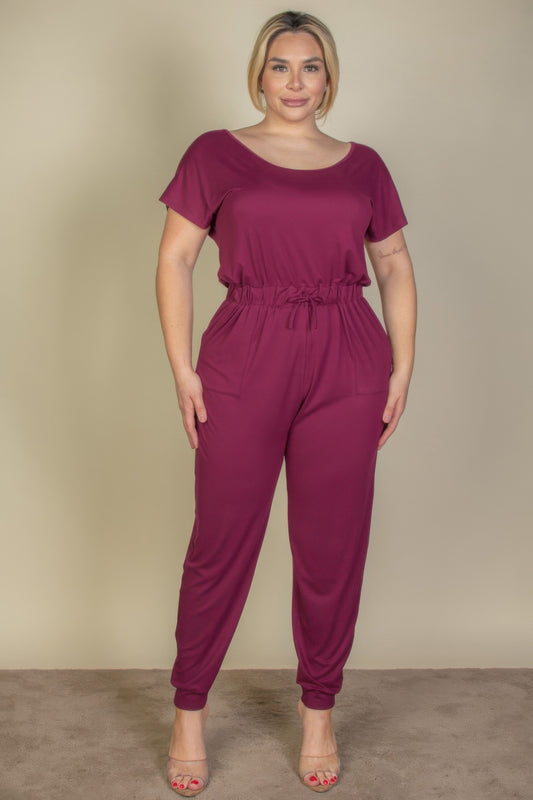 Plus Size Solid Drawstring Short Sleeve Jumpsuit - Tigbul's Variety Fashion Shop