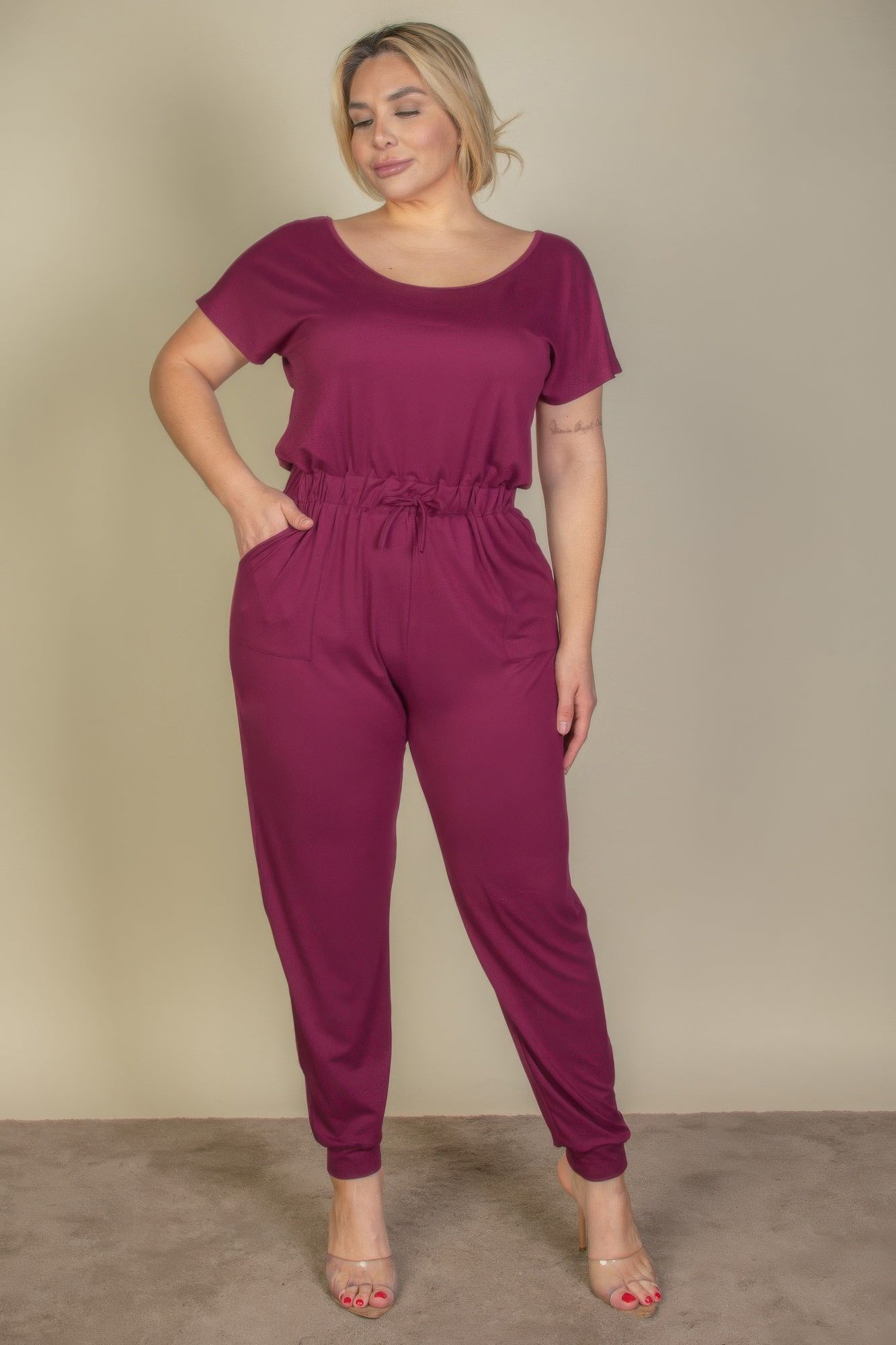 Plus Size Solid Drawstring Short Sleeve Jumpsuit - Tigbul's Variety Fashion Shop