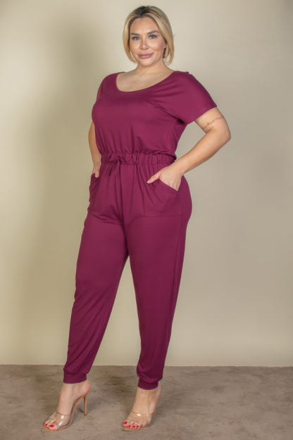 Plus Size Solid Drawstring Short Sleeve Jumpsuit - Tigbul's Variety Fashion Shop