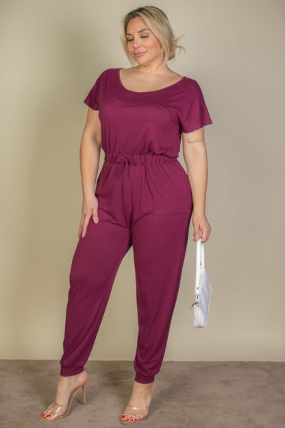 Plus Size Solid Drawstring Short Sleeve Jumpsuit - Tigbul's Variety Fashion Shop