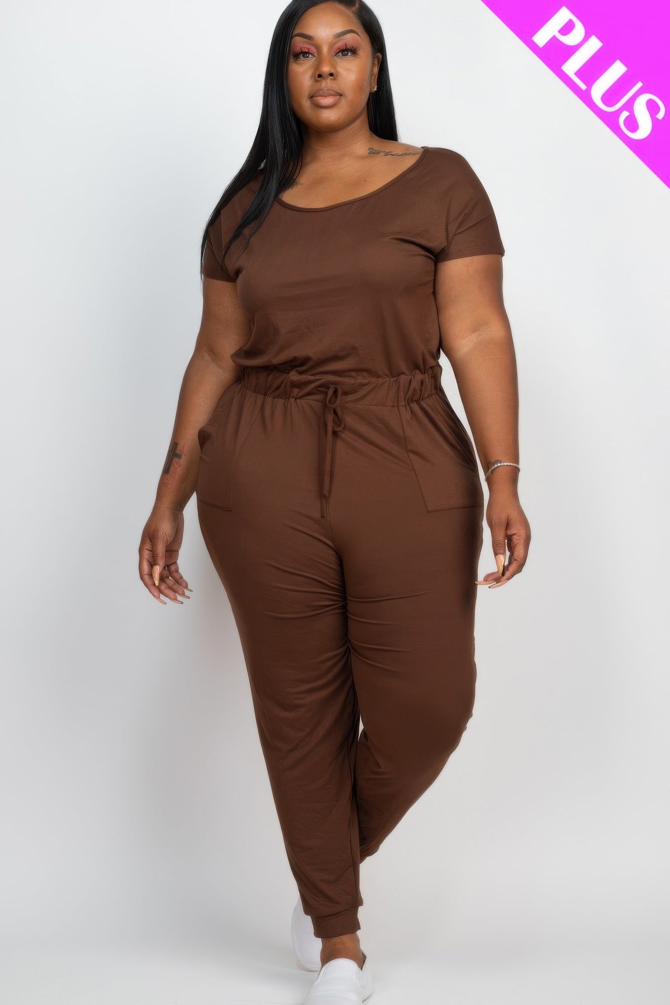 Plus Size Solid Drawstring Short Sleeve Jumpsuit - Tigbul's Variety Fashion Shop