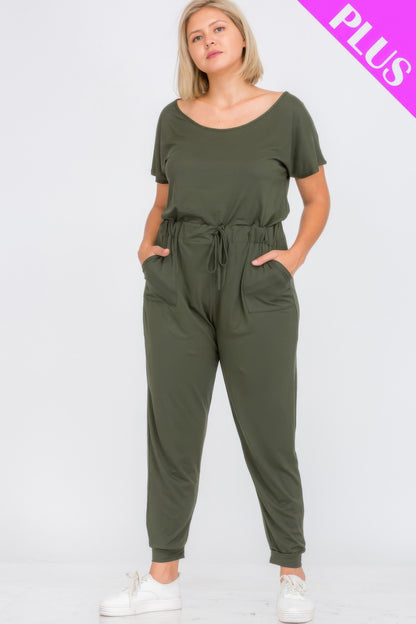 Plus Size Solid Drawstring Short Sleeve Jumpsuit - Tigbul's Variety Fashion Shop