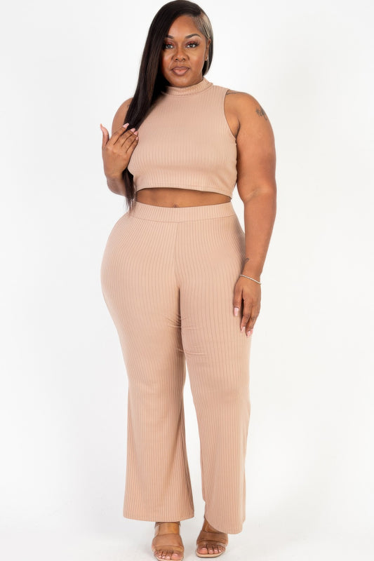 Plus Size Ribbed Mock Neck Crop Tank Top& Bootcut Pants Set - Tigbul's Variety Fashion Shop