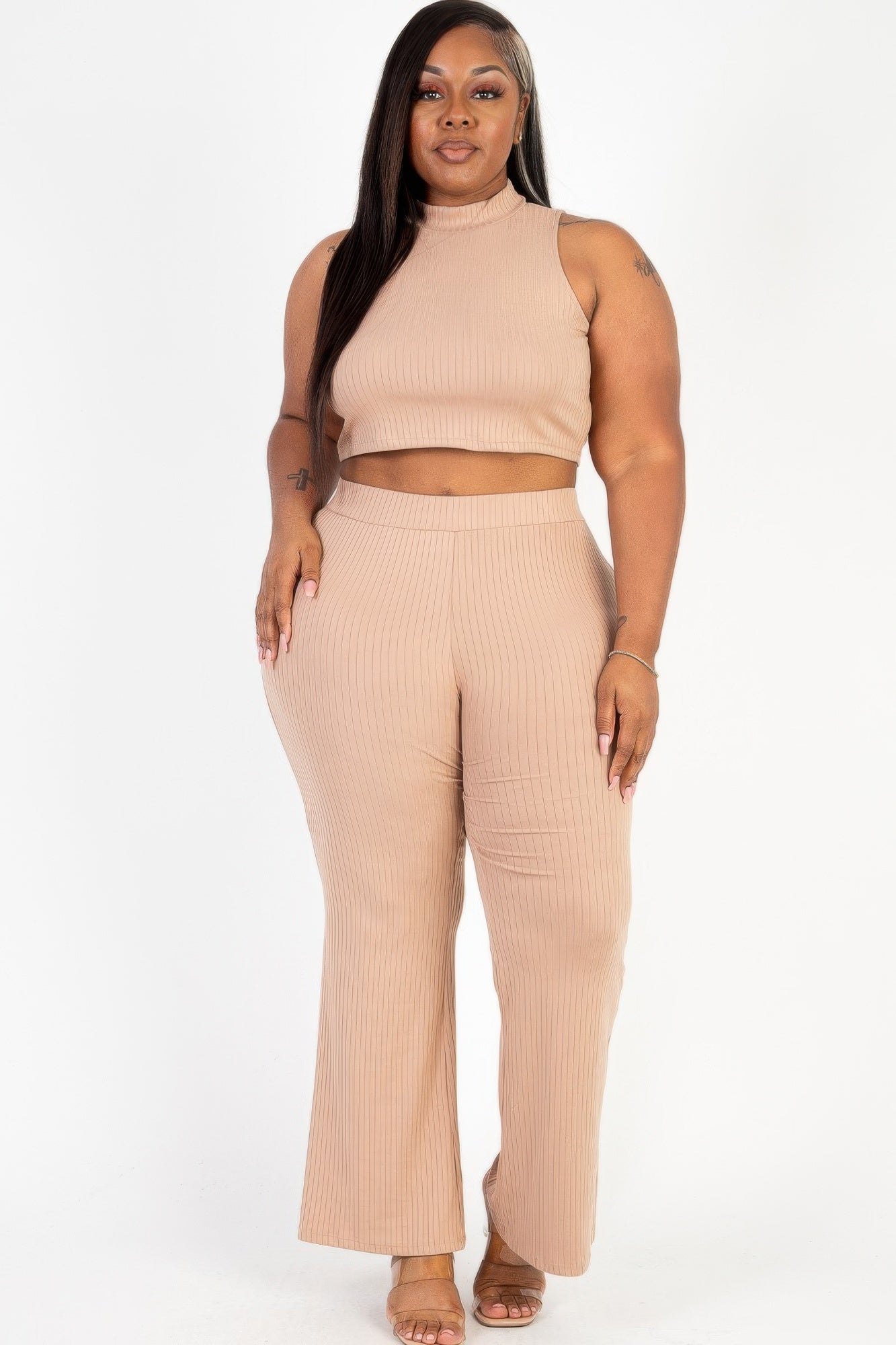 Plus Size Ribbed Mock Neck Crop Tank Top& Bootcut Pants Set - Tigbul's Variety Fashion Shop