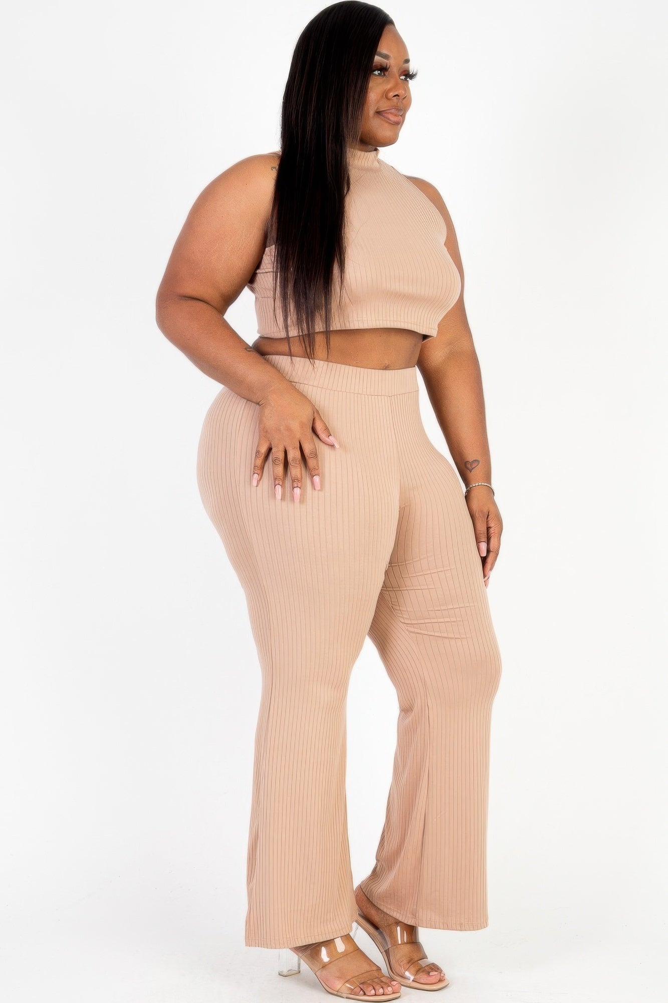 Plus Size Ribbed Mock Neck Crop Tank Top& Bootcut Pants Set - Tigbul's Variety Fashion Shop