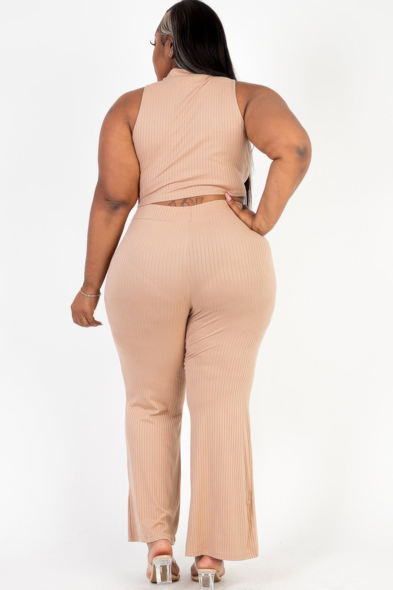 Plus Size Ribbed Mock Neck Crop Tank Top& Bootcut Pants Set - Tigbul's Variety Fashion Shop