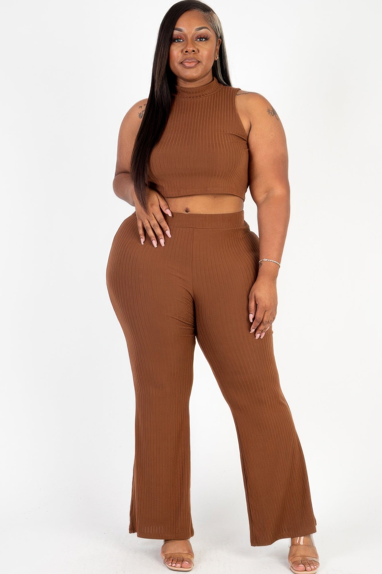 Plus Size Ribbed Mock Neck Crop Tank Top& Bootcut Pants Set - Tigbul's Variety Fashion Shop