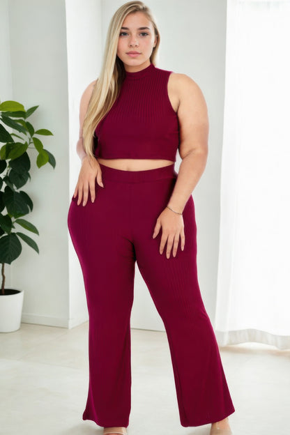 Plus Size Ribbed Mock Neck Crop Tank Top& Bootcut Pants Set - Tigbul's Variety Fashion Shop