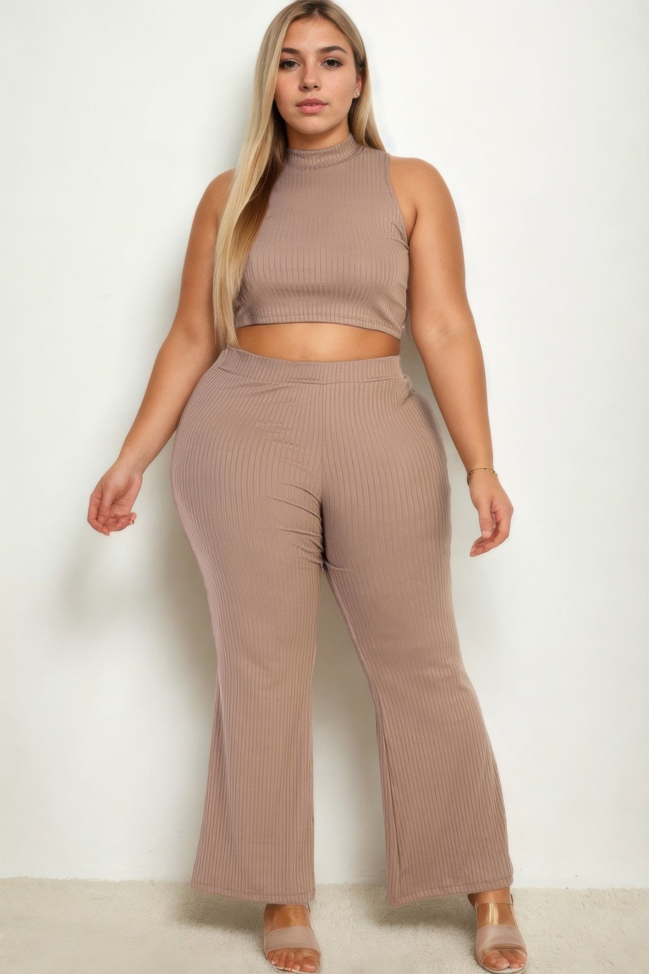 Plus Size Ribbed Mock Neck Crop Tank Top& Bootcut Pants Set - Tigbul's Variety Fashion Shop