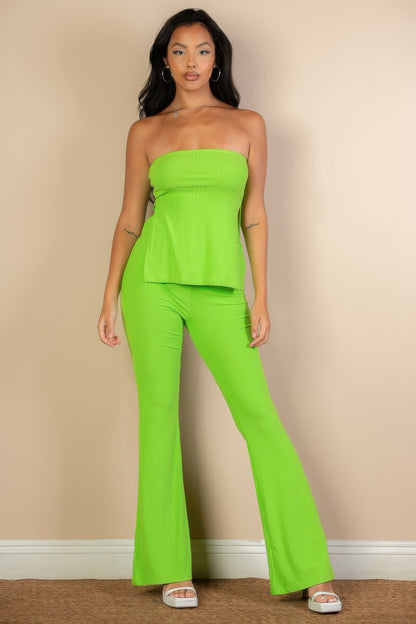 Ribbed Side Slit Bandeau Top & Flare Pants Set - Tigbul's Variety Fashion Shop