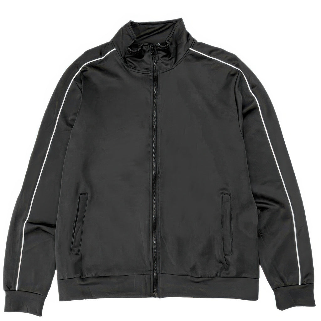 Men's track jacket with full zip, side piping stripes, stand collar, black