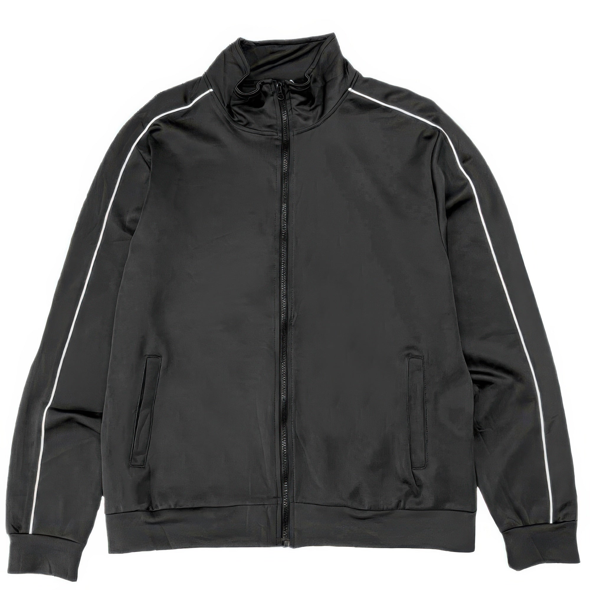 Men's track jacket with full zip, side piping stripes, stand collar, black