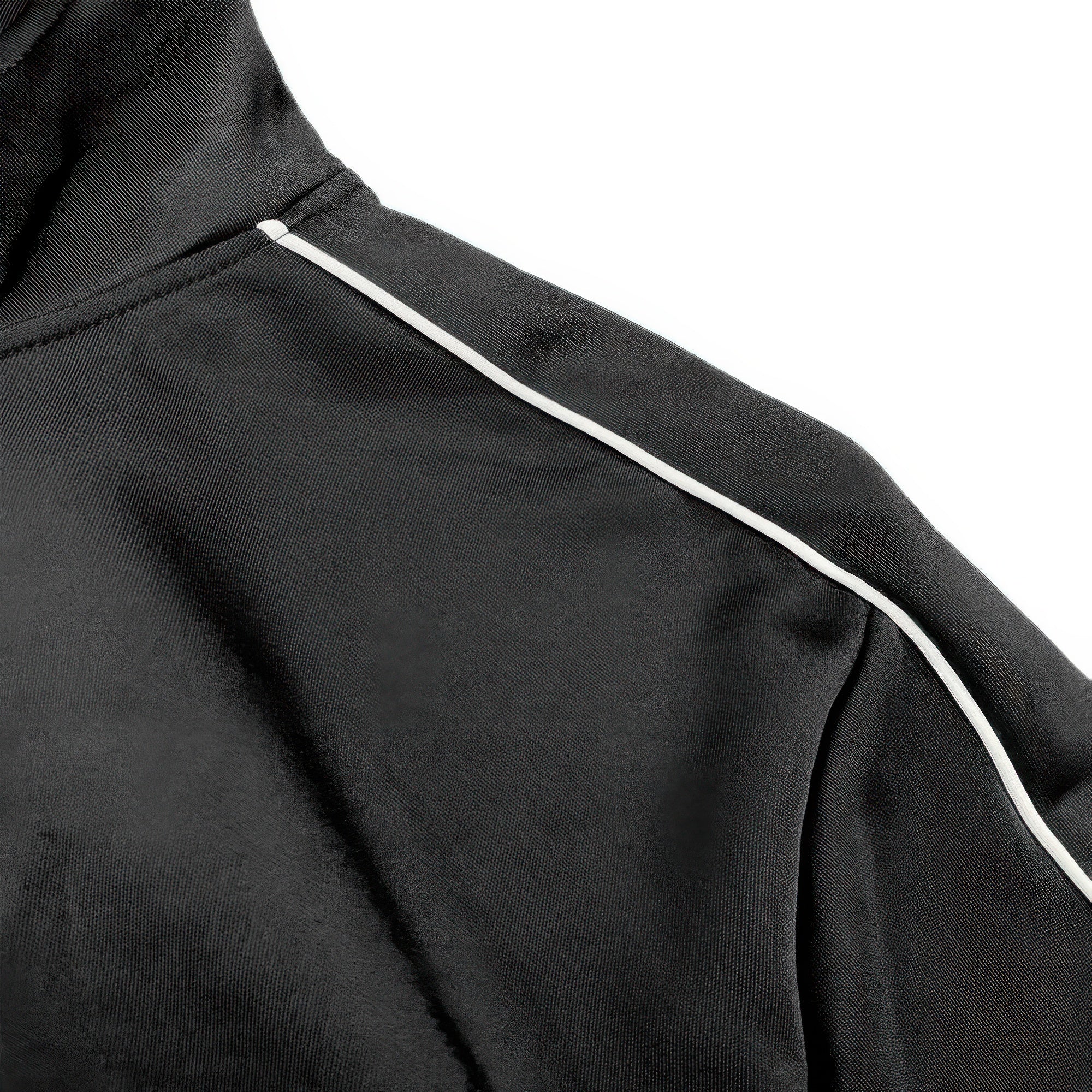 Black track jacket shoulder stripe trim along sleeve seam