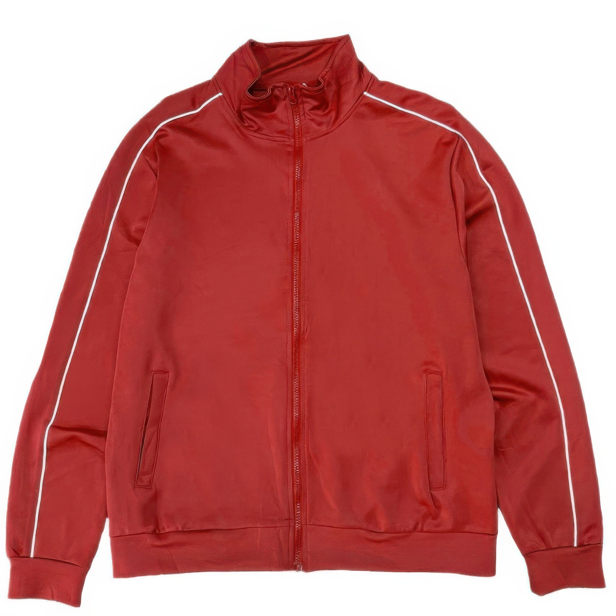 Red men's track jacket with full zip, side piping stripes, stand collar