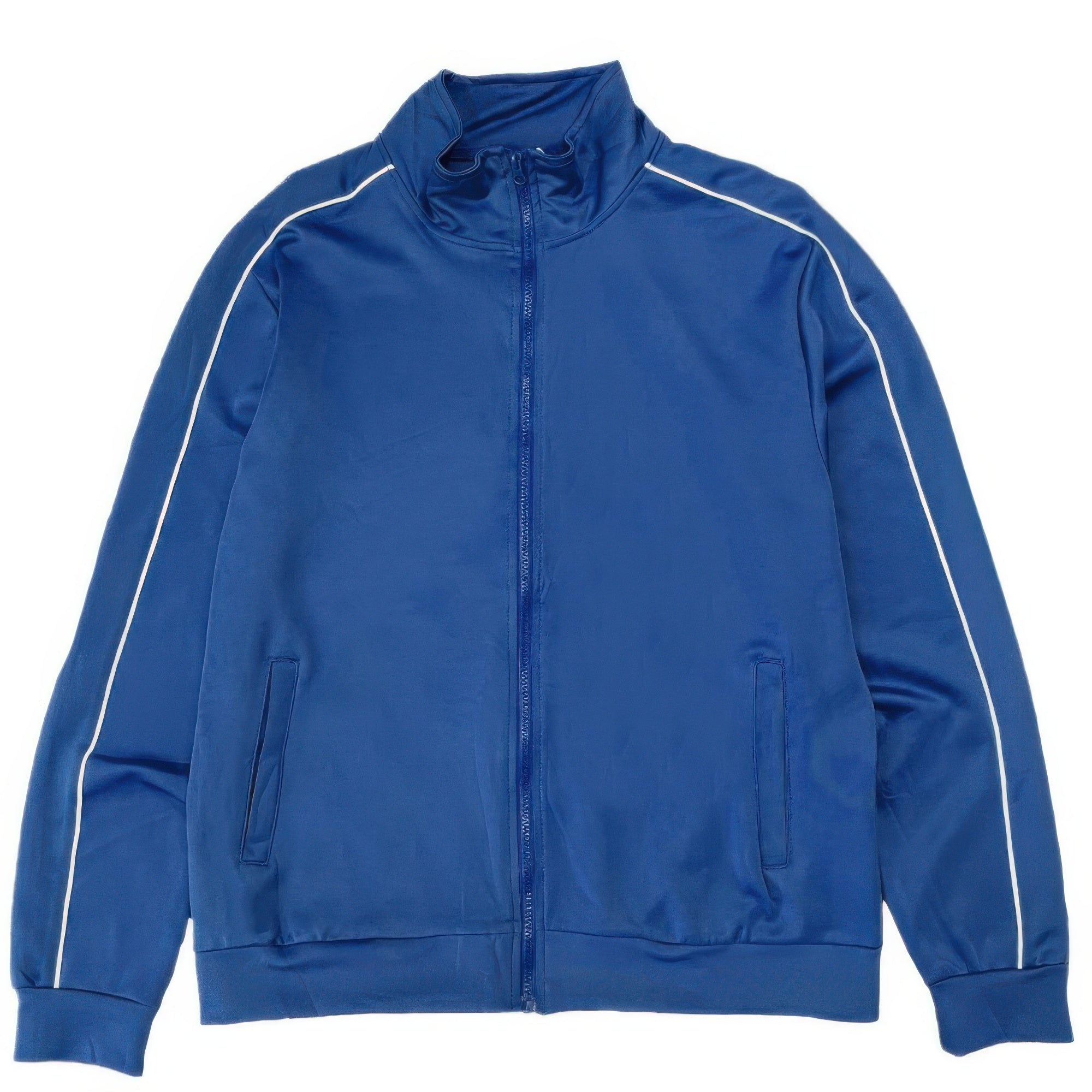 Blue men's track jacket with full zip, white side piping stripes, zip pockets