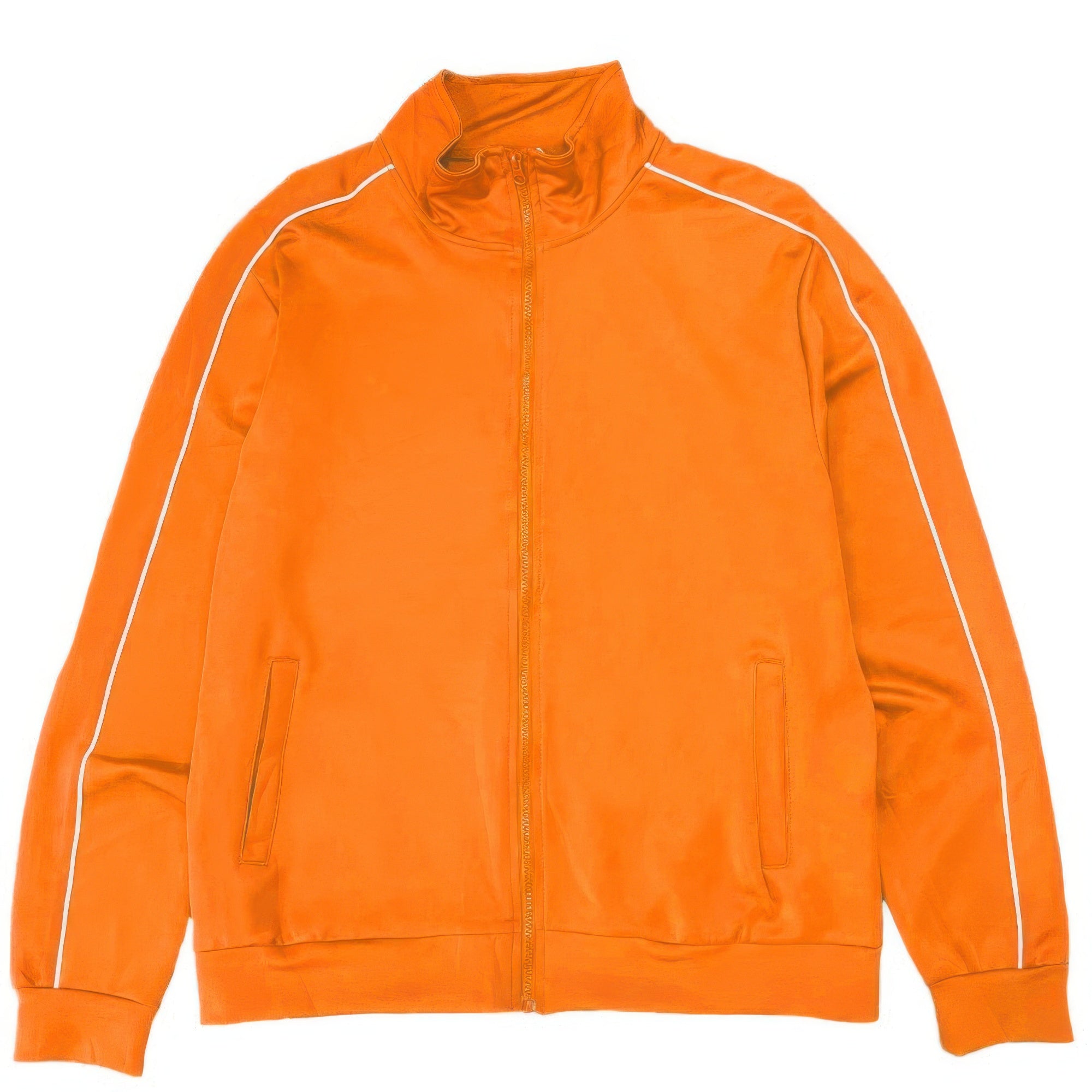 Orange men's track jacket with stand collar, full zip, white side piping stripes
