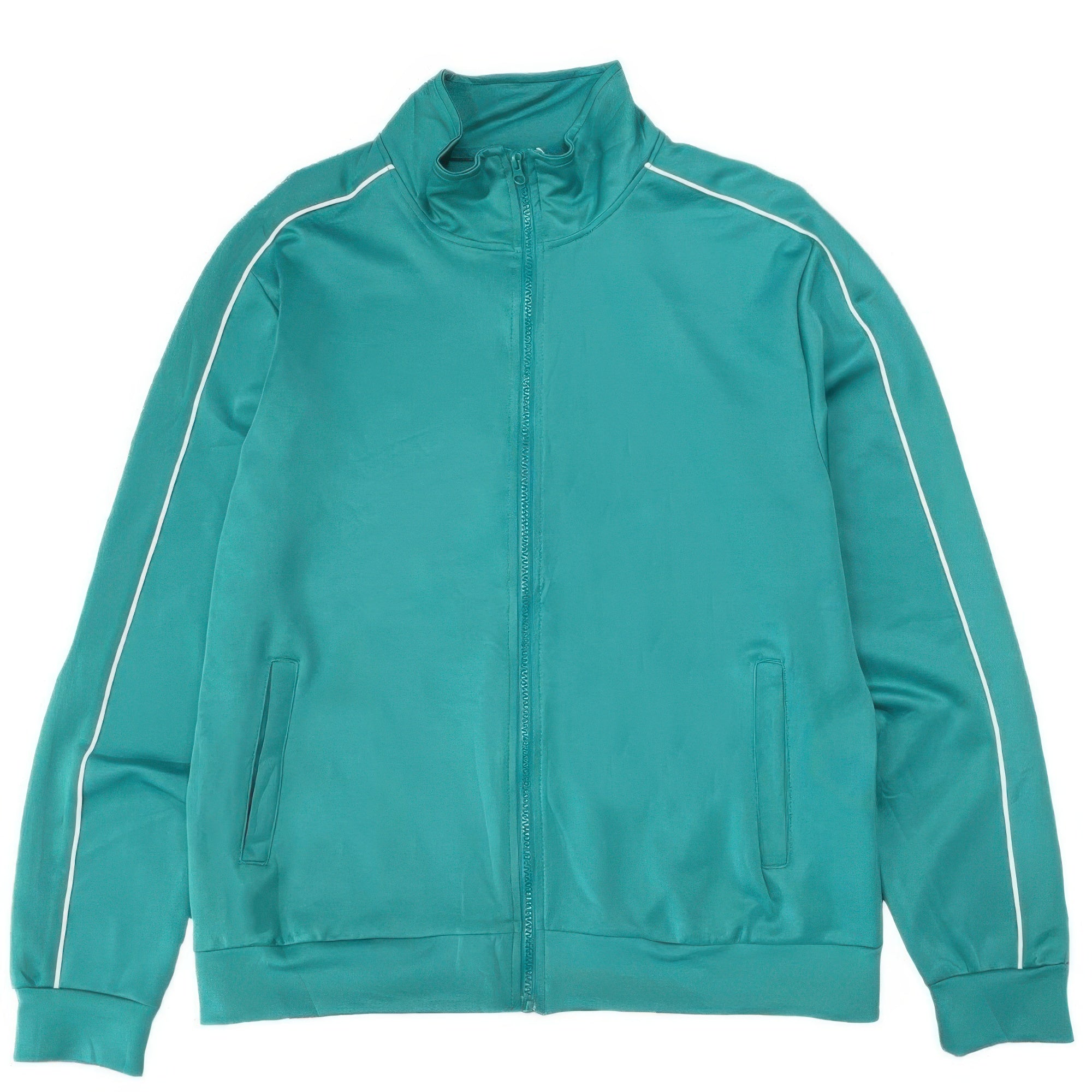 Teal men's track jacket with full zip, white side piping stripes, zip pockets