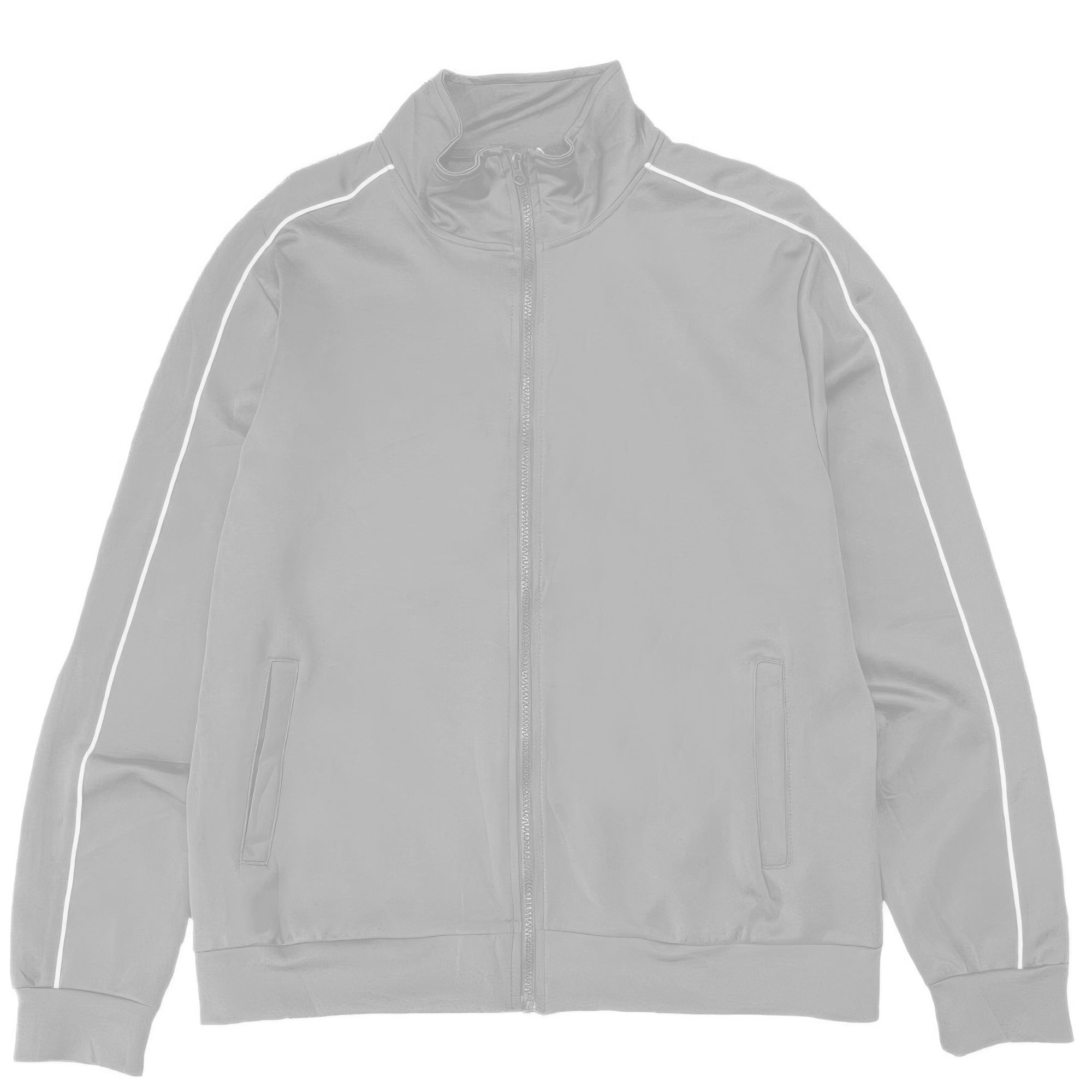 Grey men's track jacket with full zip, white side piping stripes, stand collar