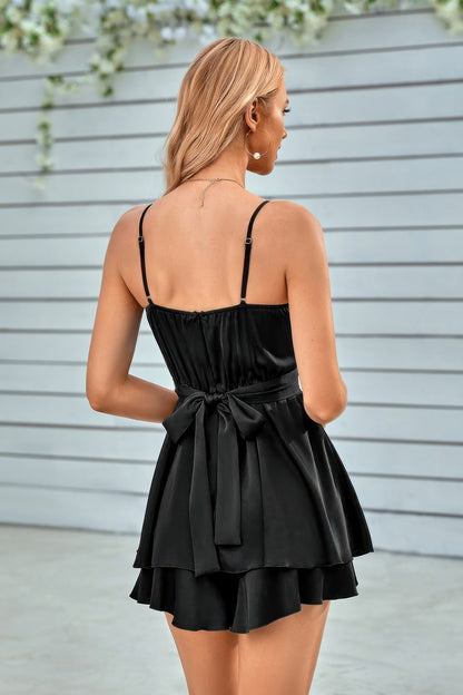 Spaghetti Strap Ruched Satin Layered Romper - Tigbul's Variety Fashion Shop