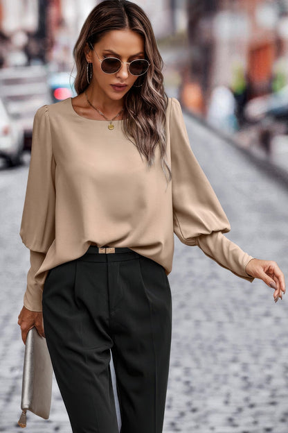 Crew Neck Solid Leg Of Mutton Sleeve Shirt - Tigbul's Variety Fashion Shop