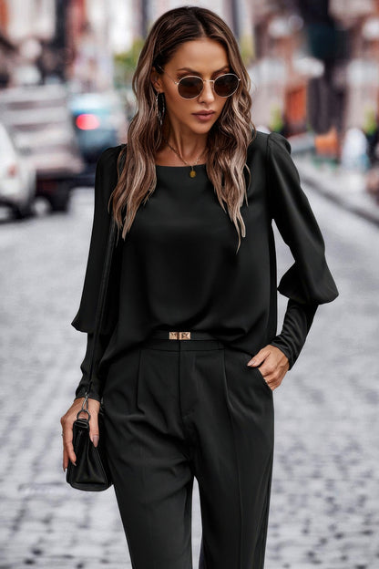 Crew Neck Solid Leg Of Mutton Sleeve Shirt - Tigbul's Variety Fashion Shop