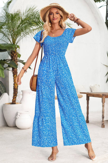Square Neck Ruched Dot Print Wide Leg Jumpsuit - Tigbul's Variety Fashion Shop