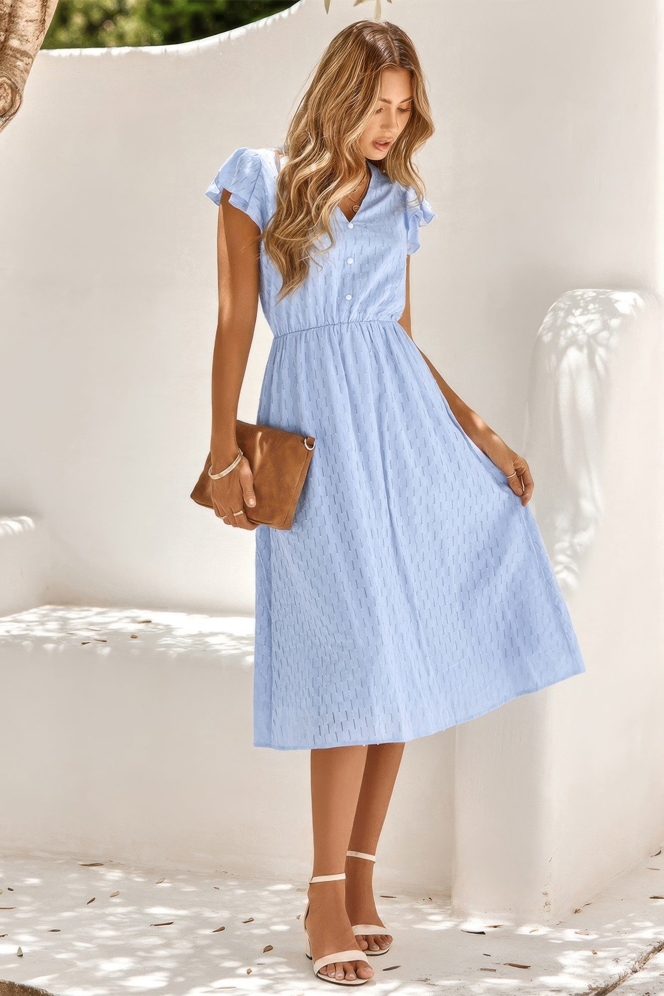 V Neck Short Sleeve Solid Ruffle A Line Midi Dress - Tigbul's Variety Fashion Shop
