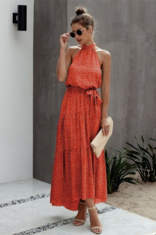 Tie Back Polka Dot Ruffle Hem Halter Dress - Tigbul's Variety Fashion Shop