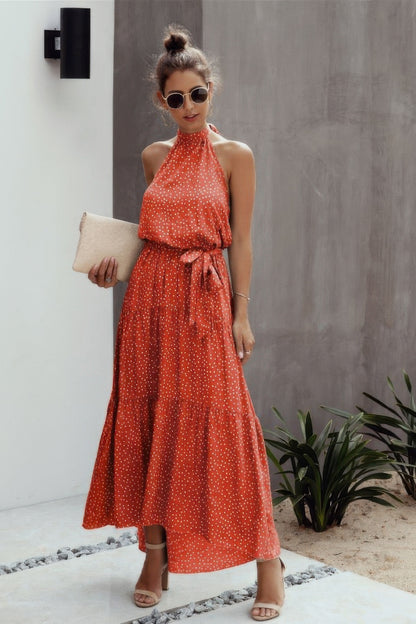 Tie Back Polka Dot Ruffle Hem Halter Dress - Tigbul's Variety Fashion Shop