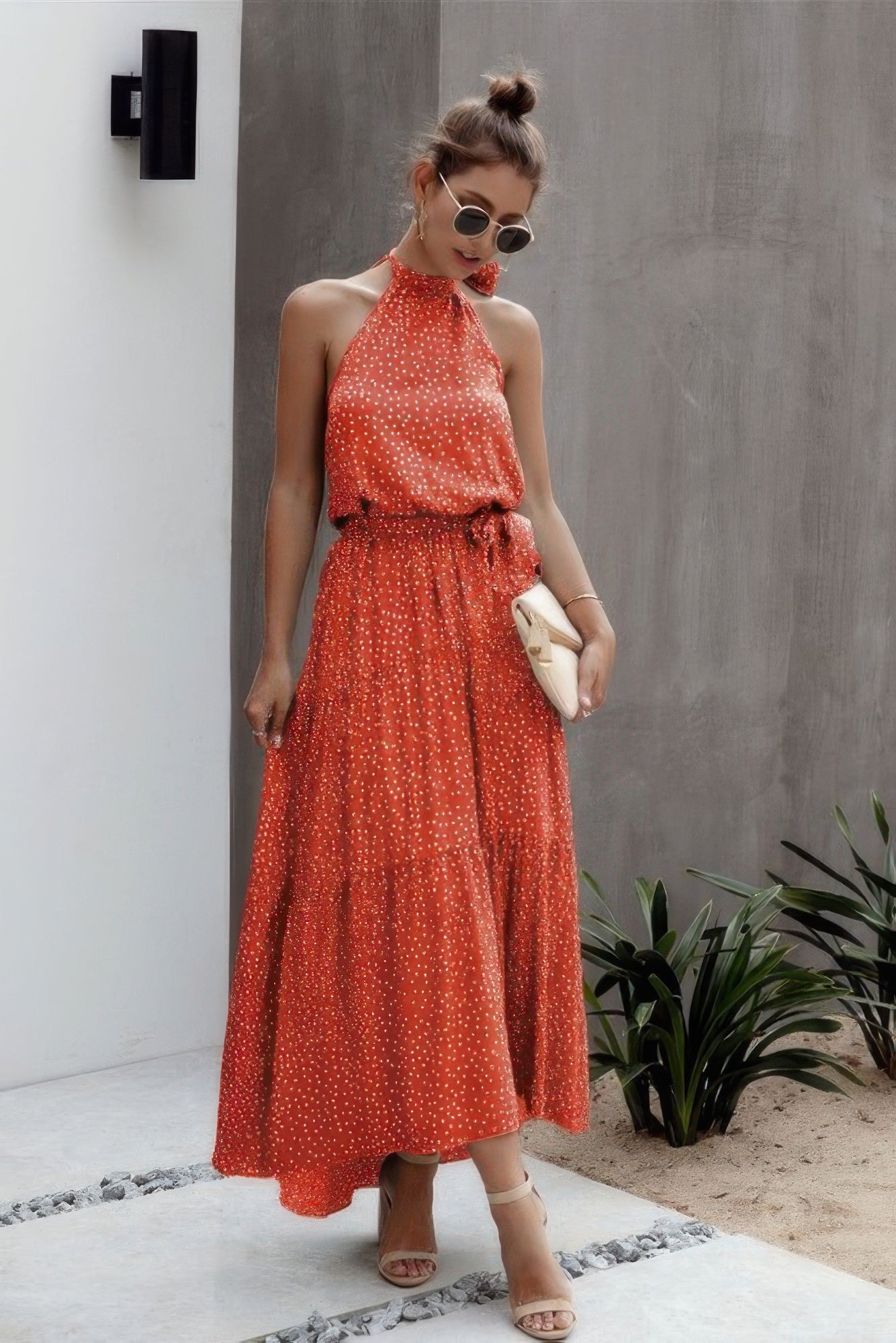 Tie Back Polka Dot Ruffle Hem Halter Dress - Tigbul's Variety Fashion Shop