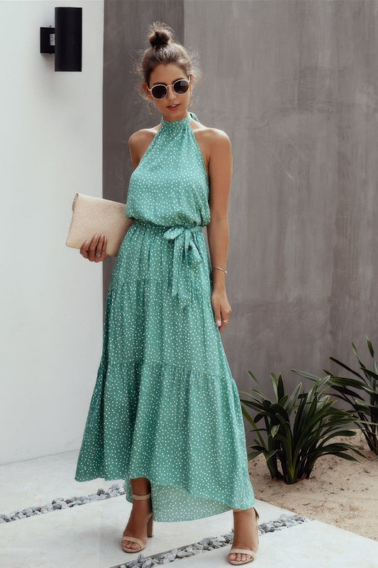 Tie Back Polka Dot Ruffle Hem Halter Dress - Tigbul's Variety Fashion Shop