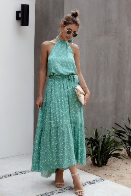 Tie Back Polka Dot Ruffle Hem Halter Dress - Tigbul's Variety Fashion Shop