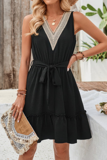 V Neck Sleeveless Belted A-line Tiered Dress - Tigbul's Variety Fashion Shop