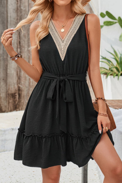 V Neck Sleeveless Belted A-line Tiered Dress - Tigbul's Variety Fashion Shop