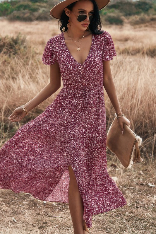 V Neck Polka Dot Short Sleeve Dress - Tigbul's Variety Fashion Shop