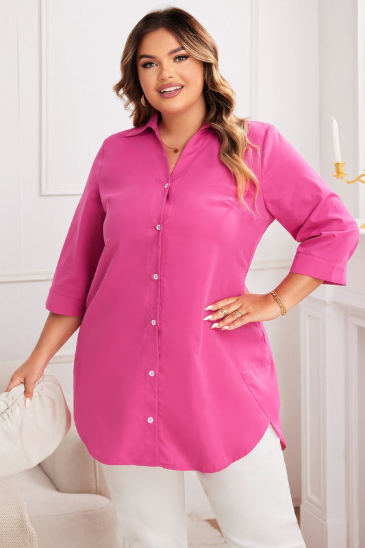Plus A Line Button Loose Fit Pockets Solid Dress - Tigbul's Variety Fashion Shop
