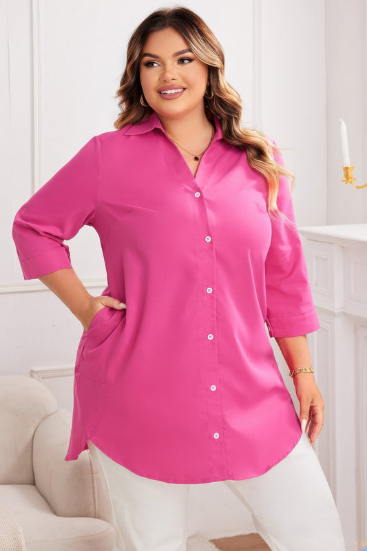 Plus A Line Button Loose Fit Pockets Solid Dress - Tigbul's Variety Fashion Shop