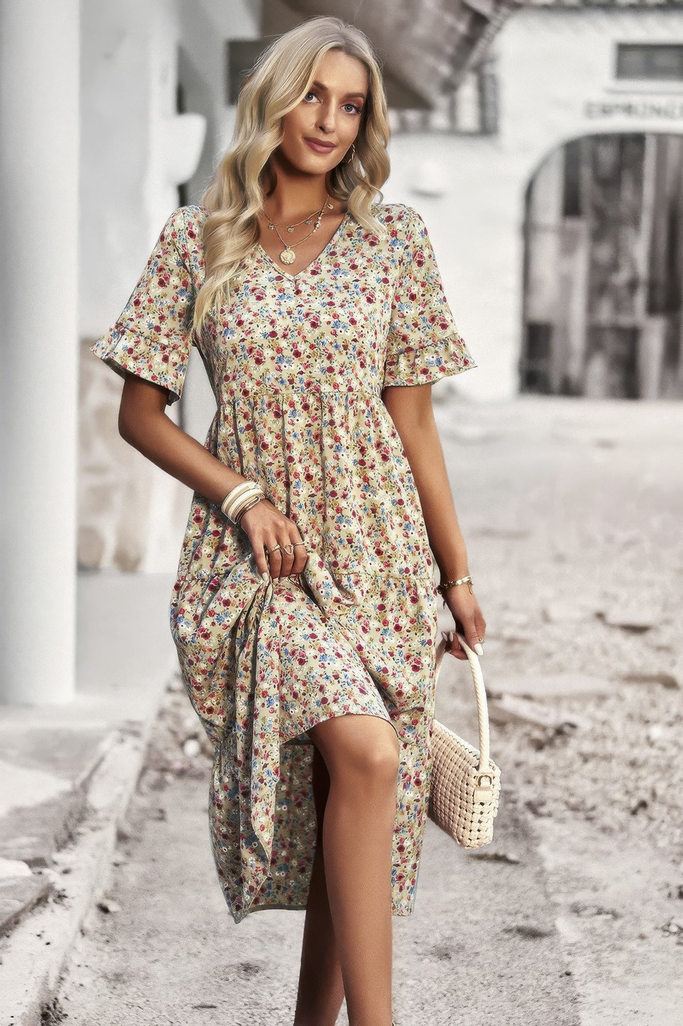 Boho Floral Ruffle Hem V Neck Short Sleeve Dress - Tigbul's Variety Fashion Shop