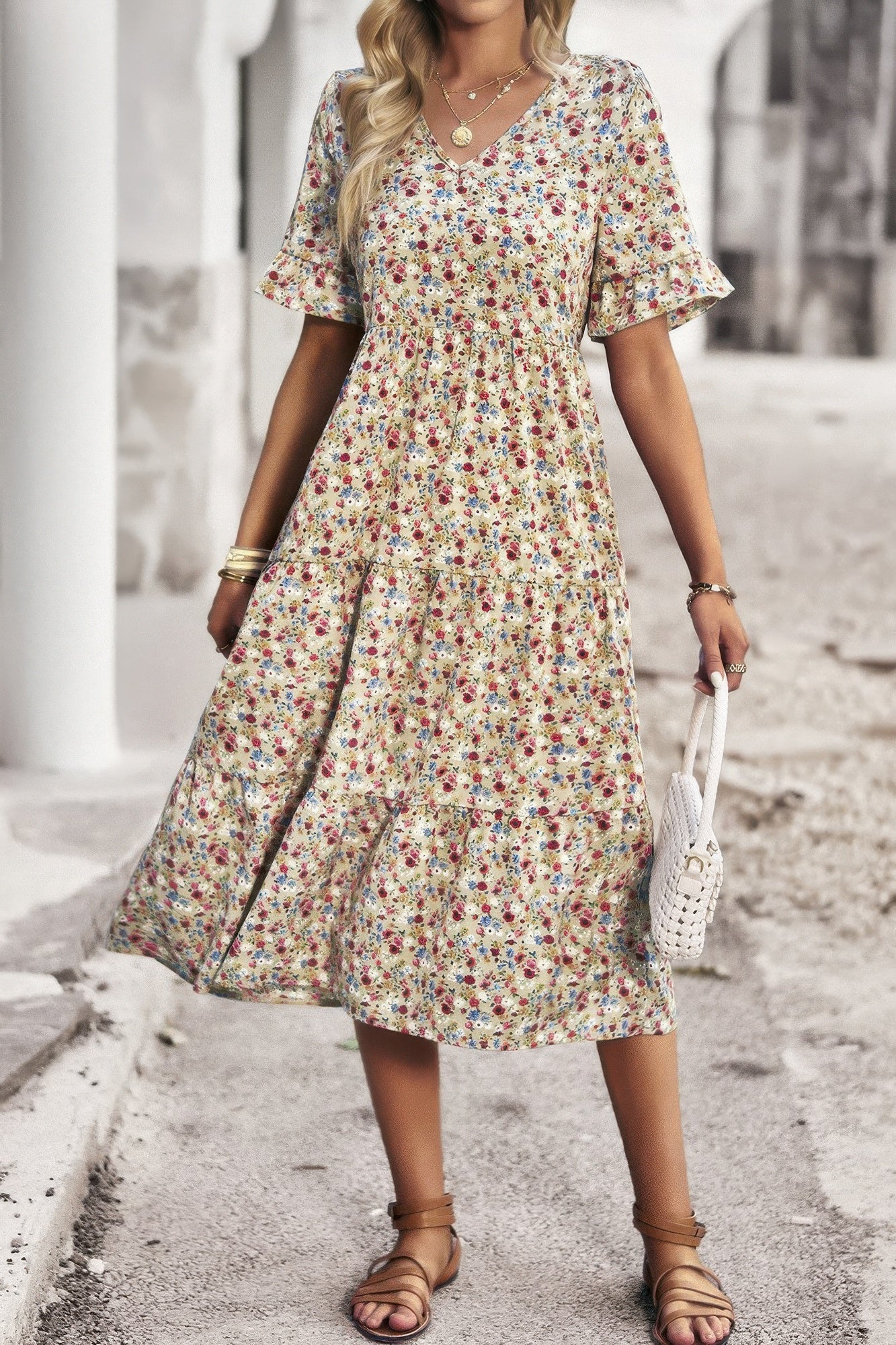 Boho Floral Ruffle Hem V Neck Short Sleeve Dress - Tigbul's Variety Fashion Shop