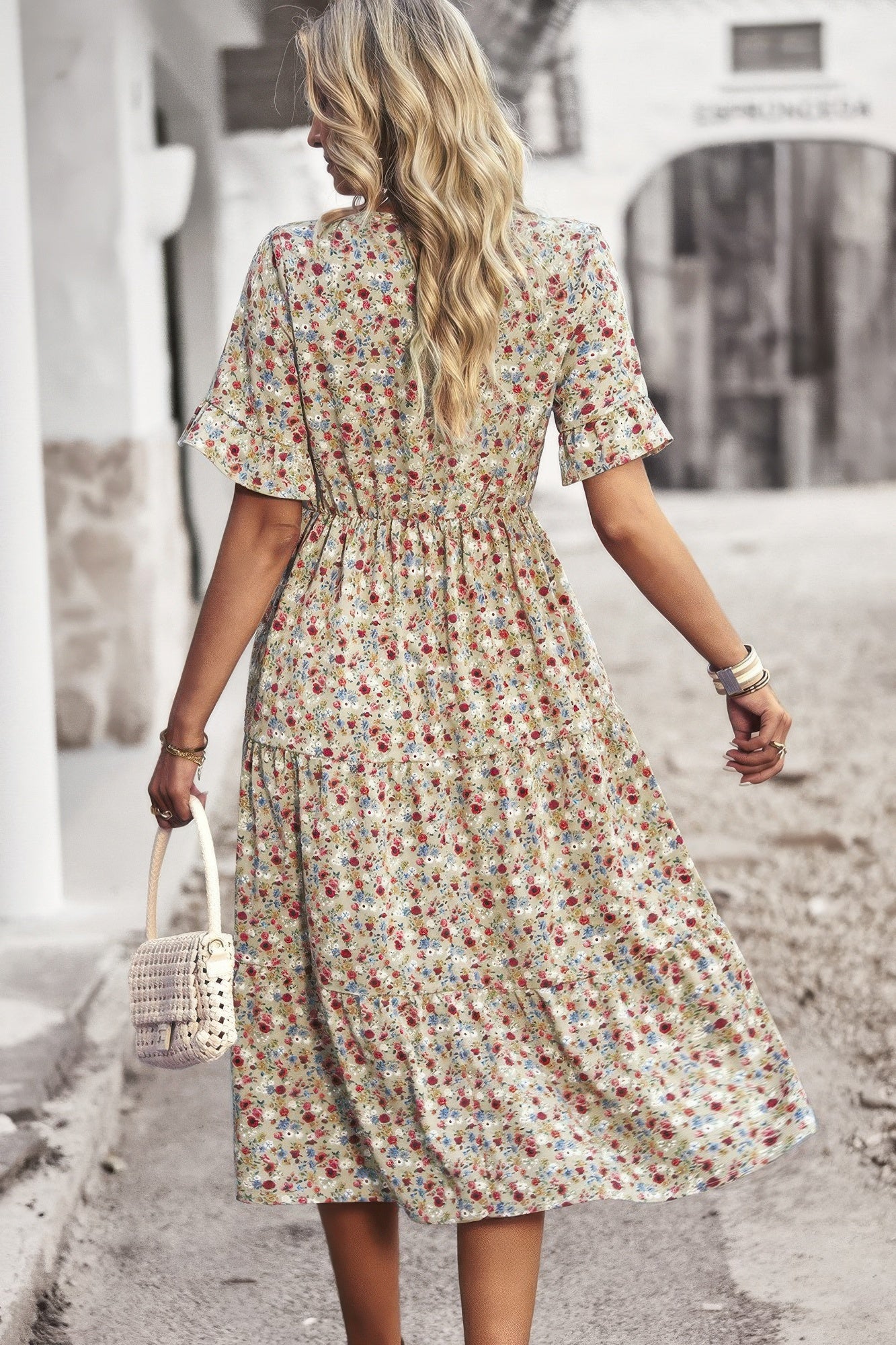 Boho Floral Ruffle Hem V Neck Short Sleeve Dress - Tigbul's Variety Fashion Shop