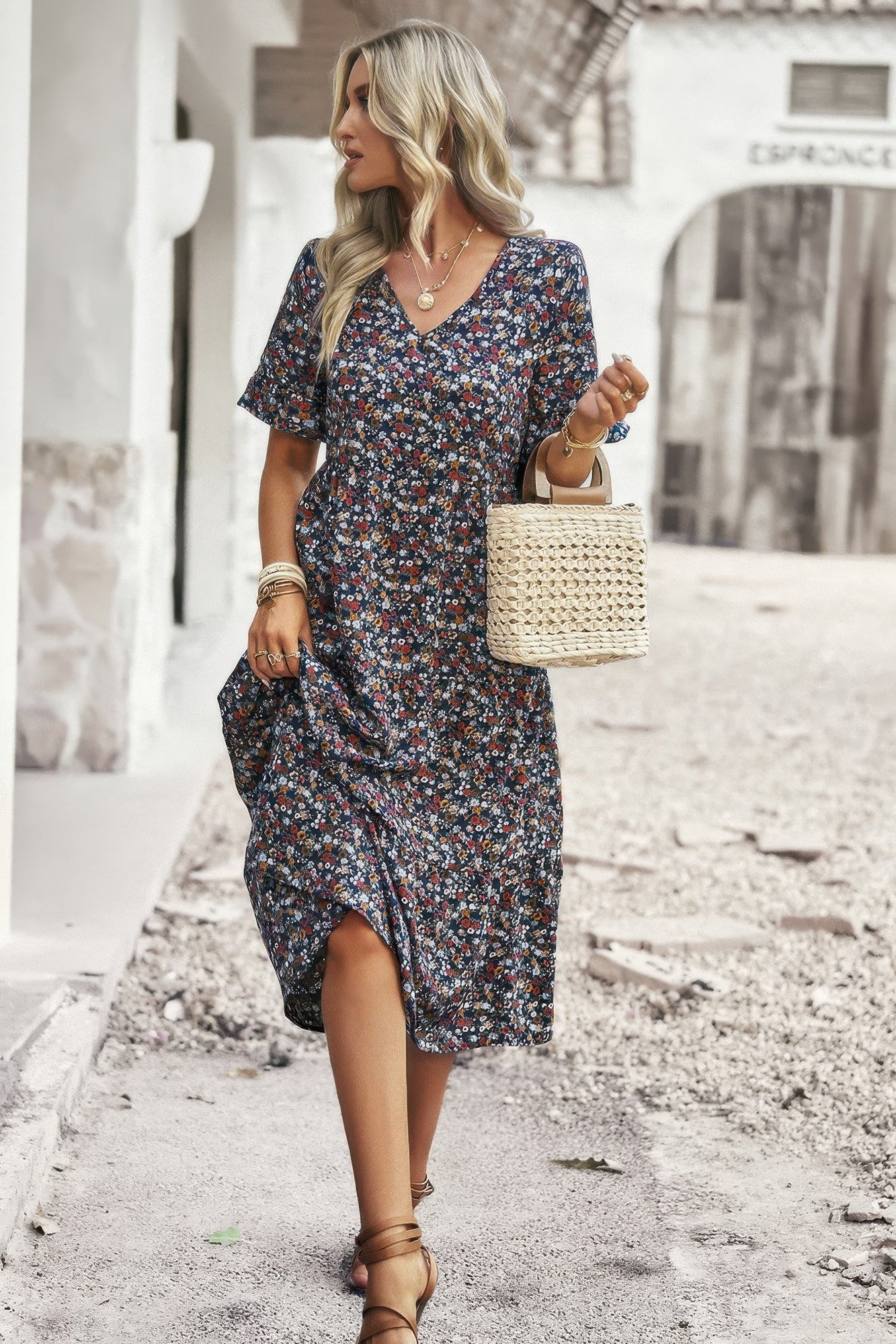 Boho Floral Ruffle Hem V Neck Short Sleeve Dress - Tigbul's Variety Fashion Shop