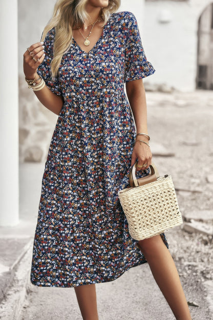 Boho Floral Ruffle Hem V Neck Short Sleeve Dress - Tigbul's Variety Fashion Shop