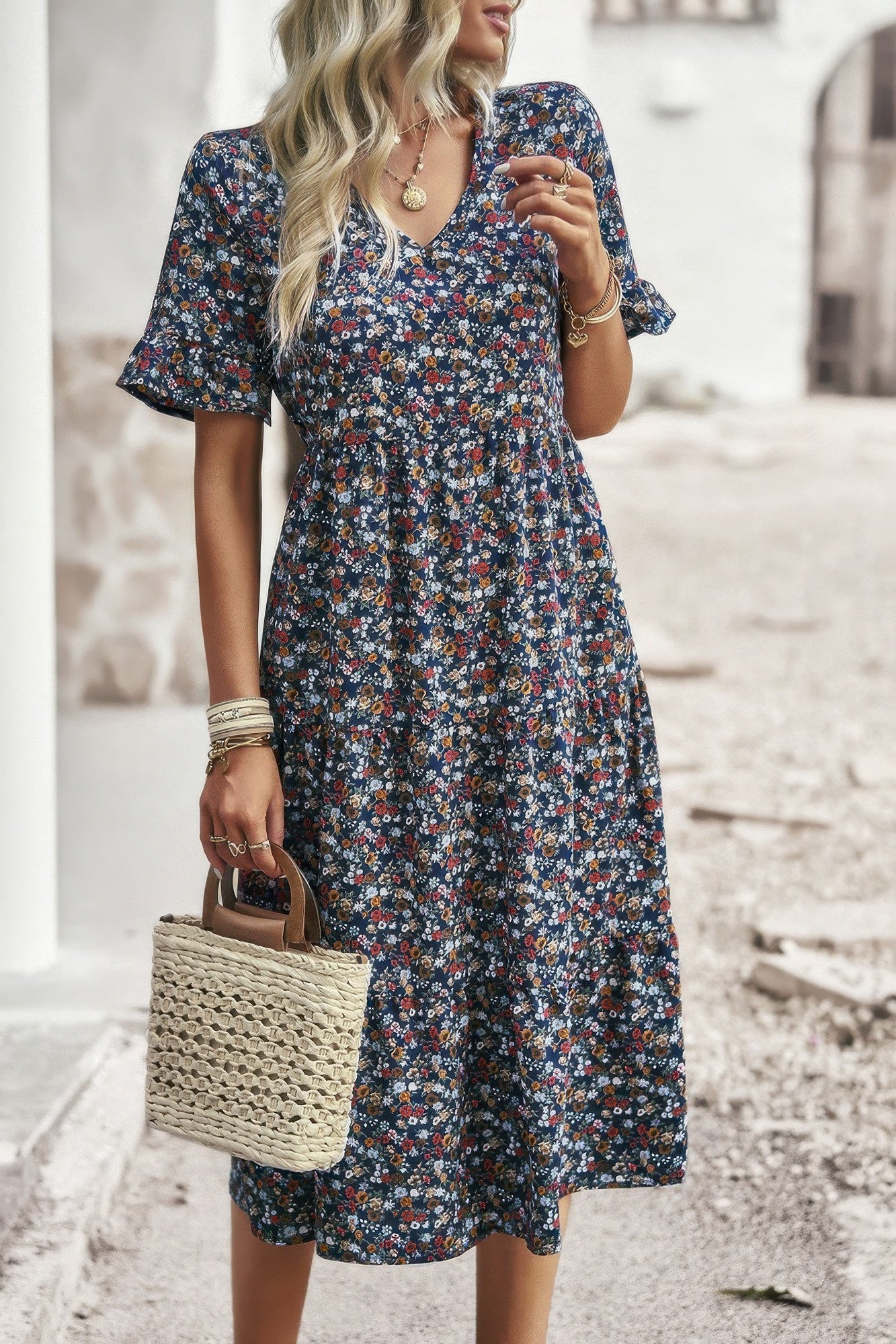 Boho Floral Ruffle Hem V Neck Short Sleeve Dress - Tigbul's Variety Fashion Shop